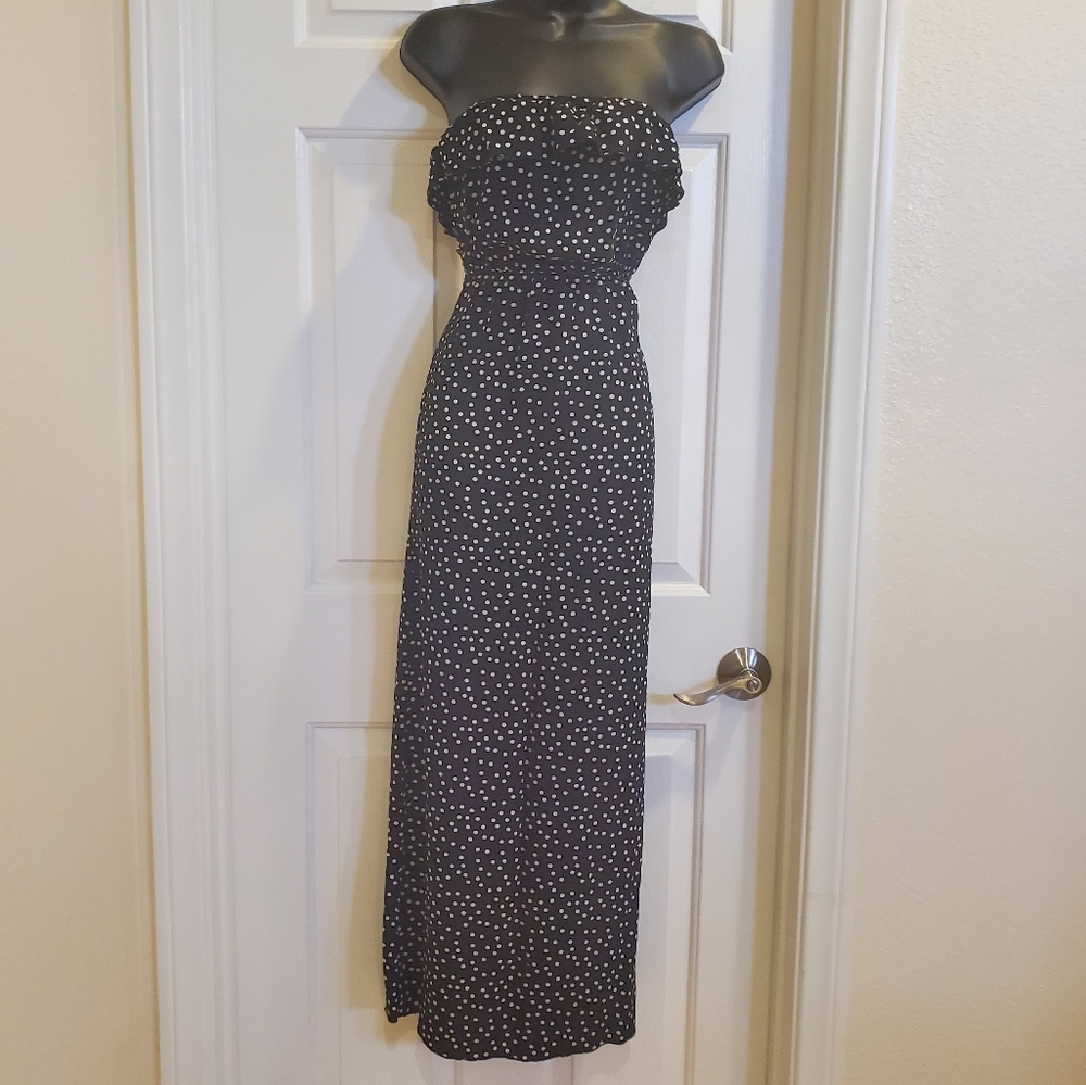 Black + White Polka-dot Strapless Maxi Dress